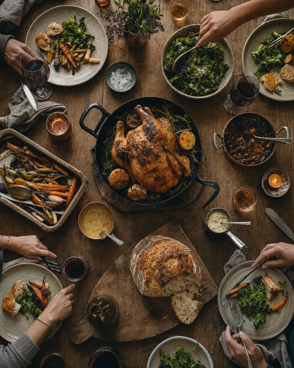 Sharing platters on a long family table, seen from above