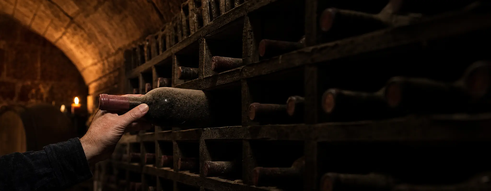 Hand pulling a bottle of wine from the rack in the vaulted cellar