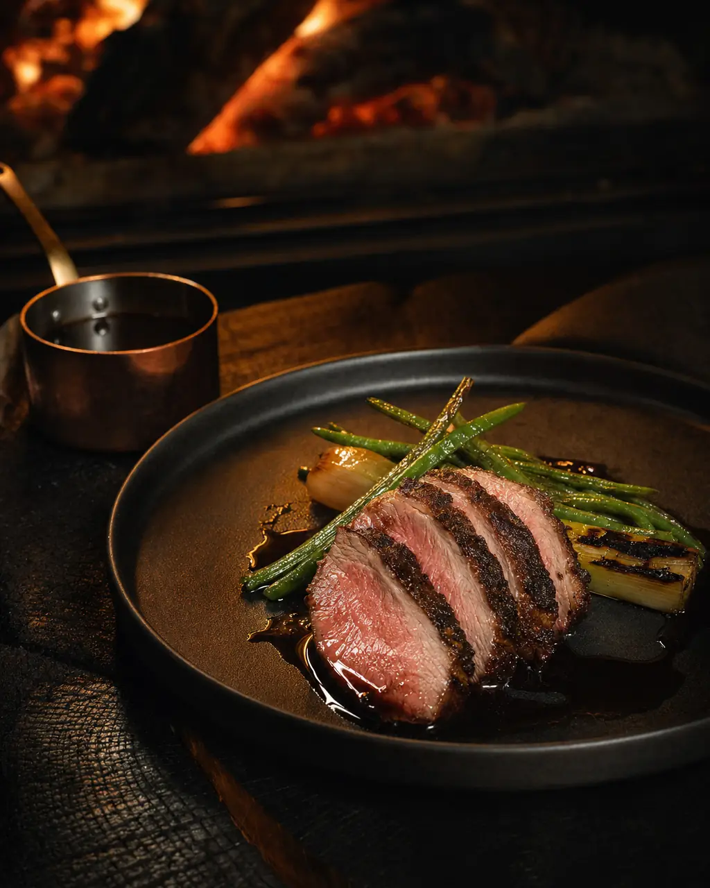 Rhön lamb from the embers with smoked jus in warm copper light