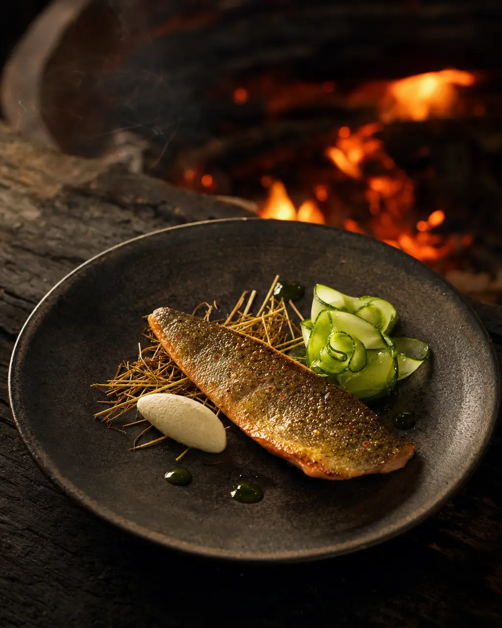 Hay-smoked trout on a dark stone plate